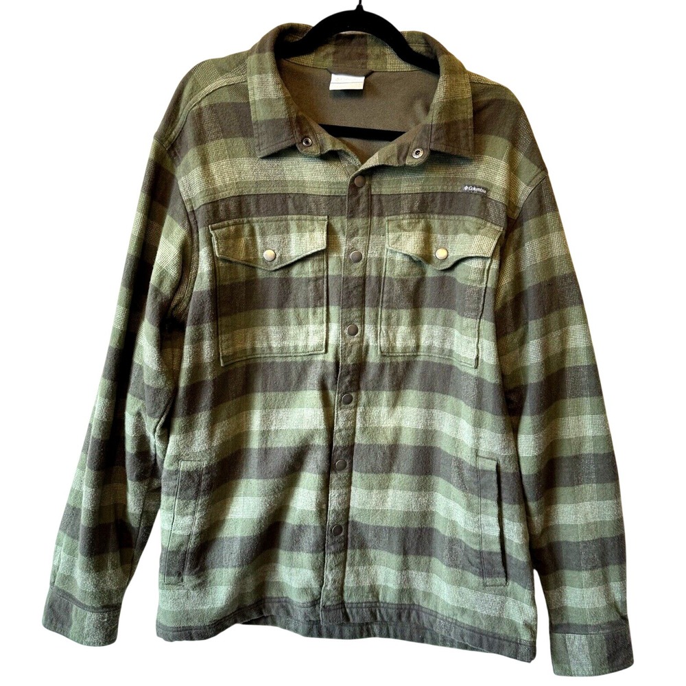 Columbia Flannel Shirt Jacket Men Large Green Striped Snap Front XM0845 Gorpcore